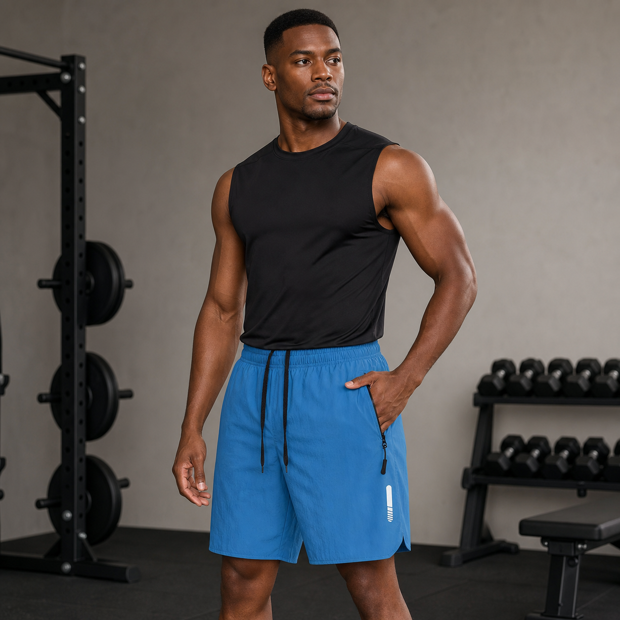 Modelo con pantalón corto deportivo azul para hombre