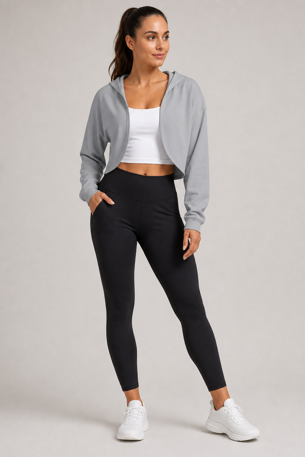 Sudadera deportiva corta gris con capucha para mujer