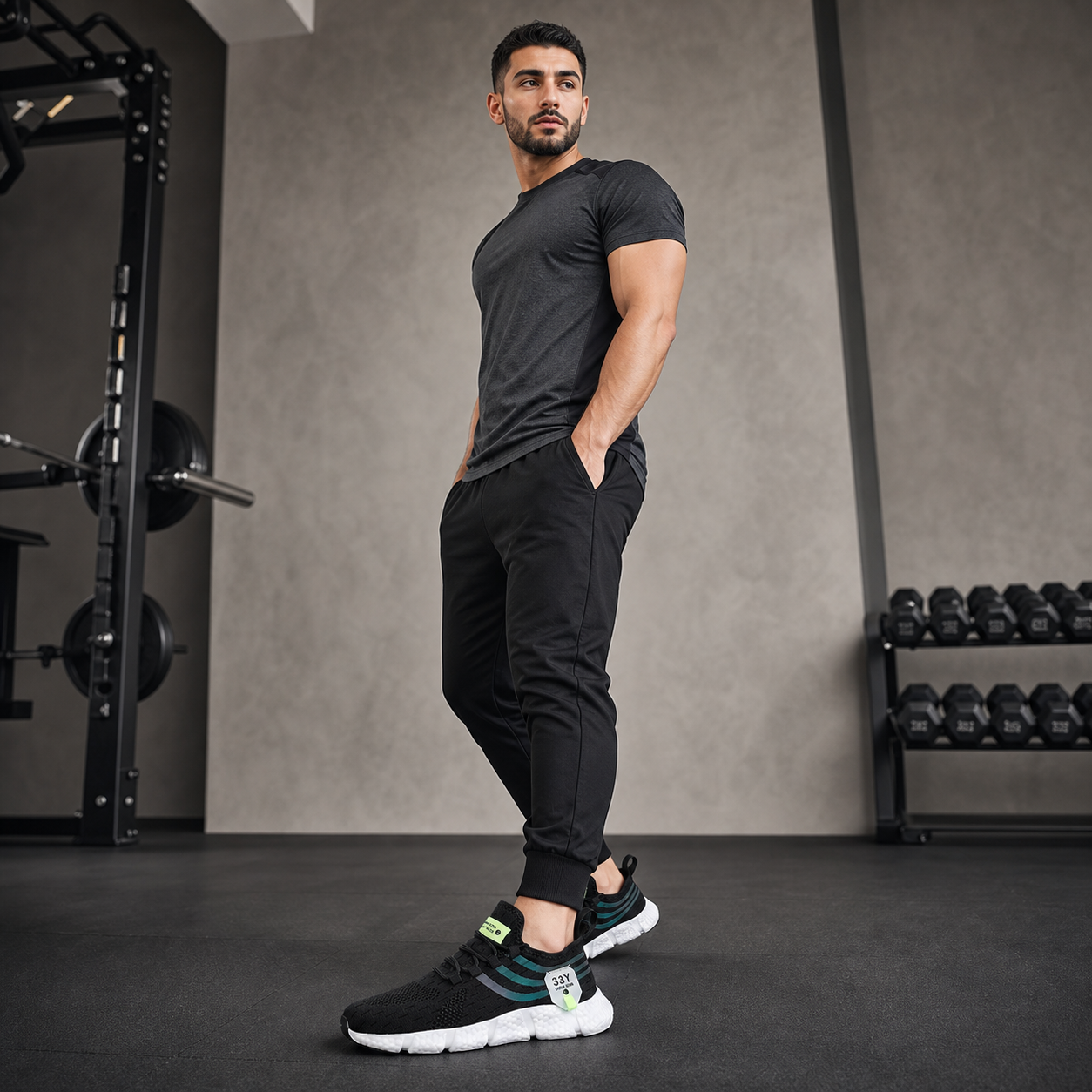 Modelo con zapatillas deportivas negras y blancas de malla para hombre