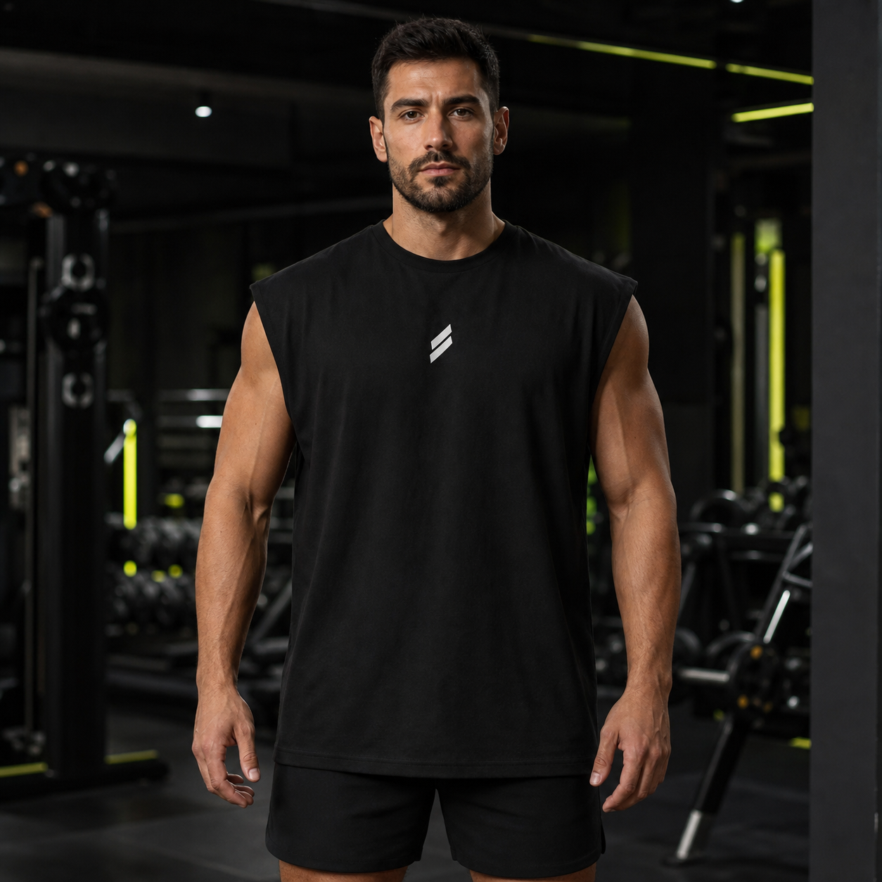 Camiseta deportiva sin mangas para hombre en negro, vista frontal