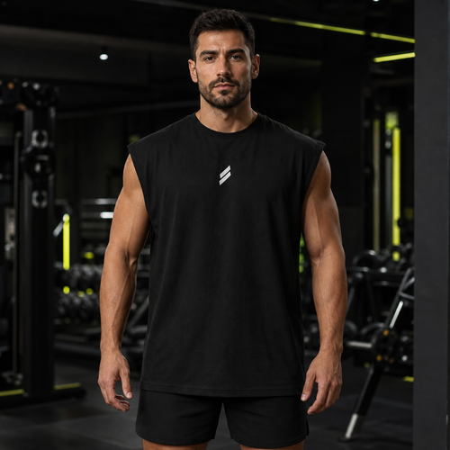 Camiseta deportiva sin mangas para hombre en negro, vista frontal