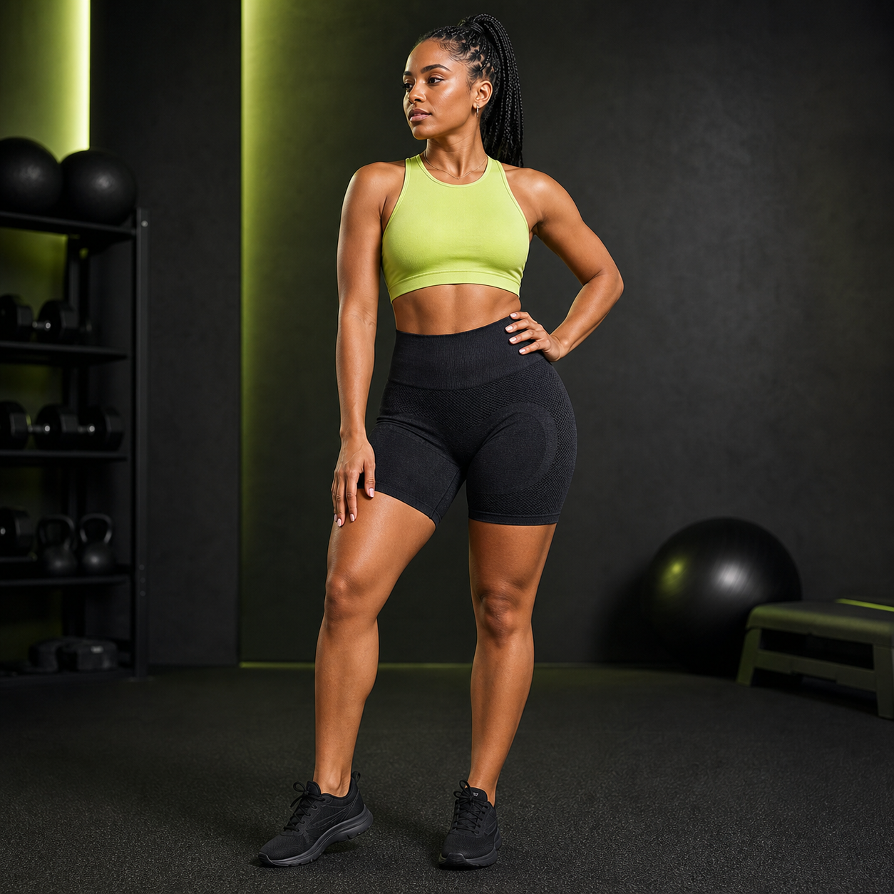 Modelo con pantalón corto deportivo negro de cintura alta, vista frontal