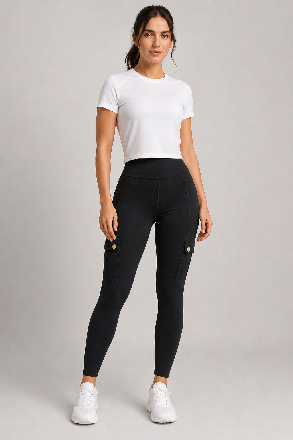 Leggings cargo negros de cintura alta con bolsillos laterales.