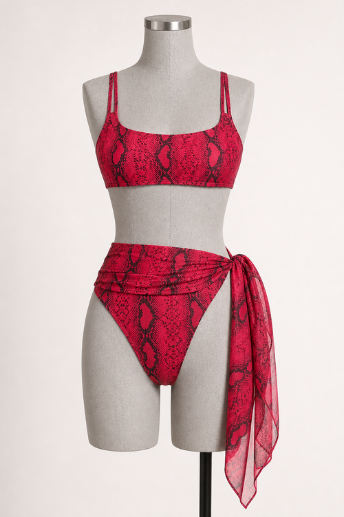 Bikini rojo de tres piezas presentado sobre maniquí.