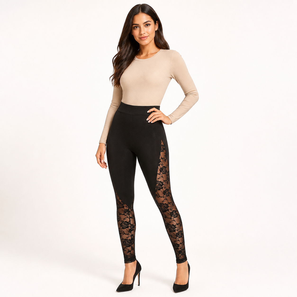 Leggings de encaje de cintura alta - Modelo Mediterranea Estudio