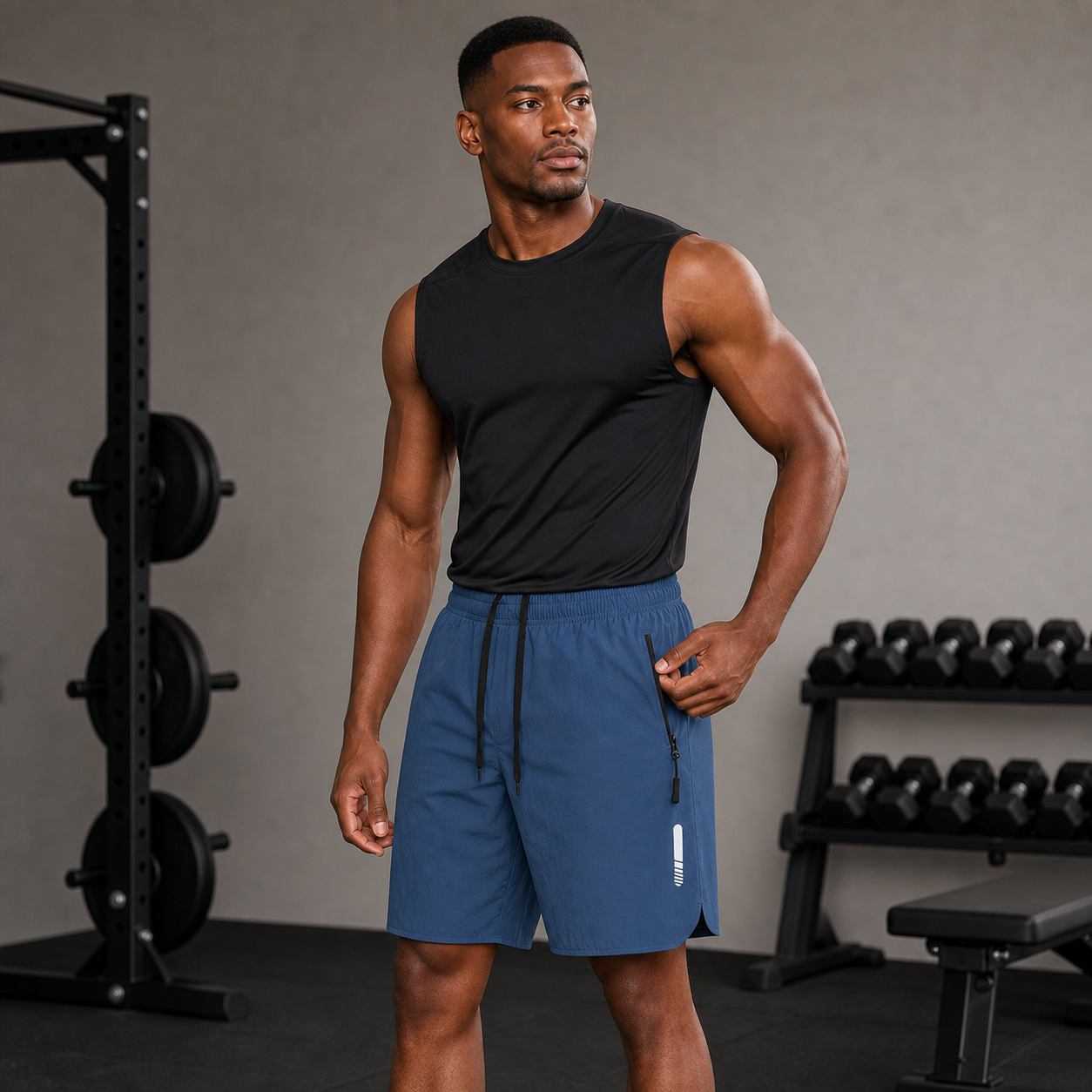 Modelo con pantalón corto deportivo azul marino con cremalleras