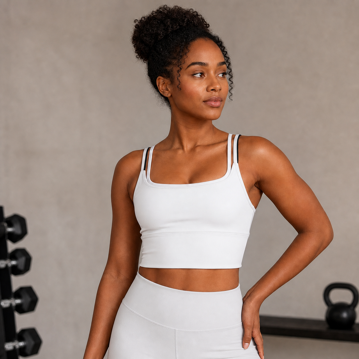 Modelo con sujetador deportivo blanco largo para mujer
