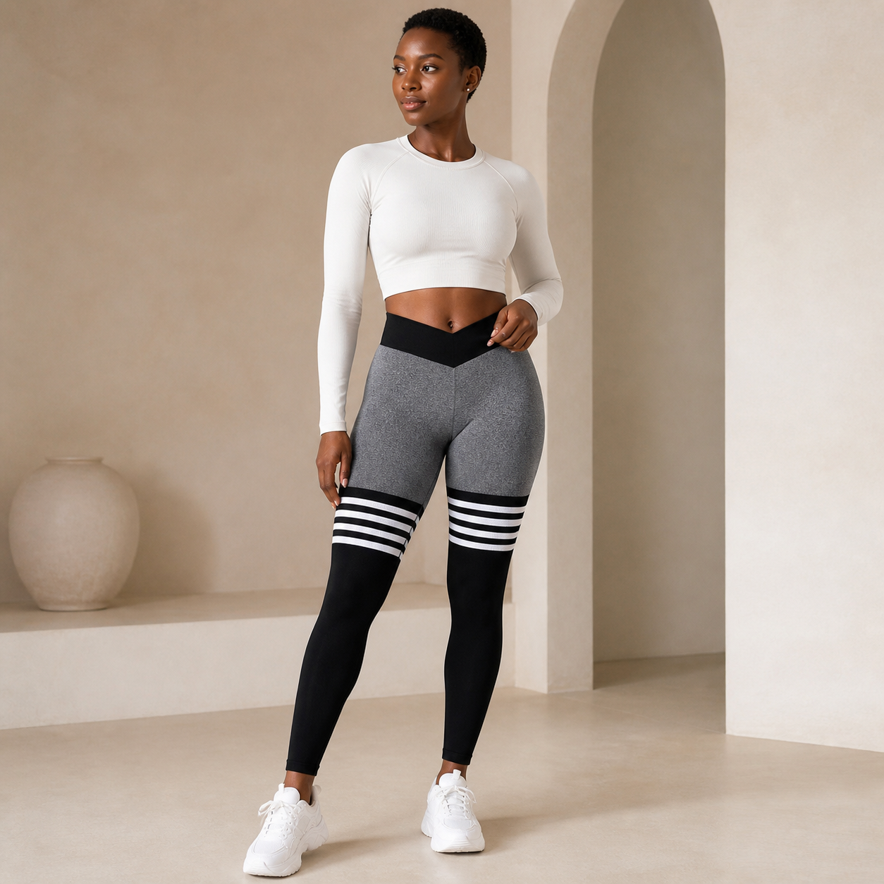 Leggings deportivos de bandas con efecto push-up - Gris Jaspeado