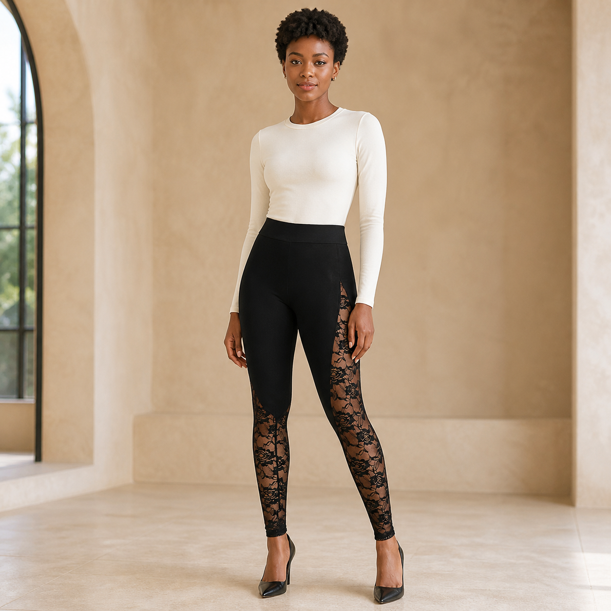 Leggings de encaje de cintura alta - Modelo Piel Oscura Interior