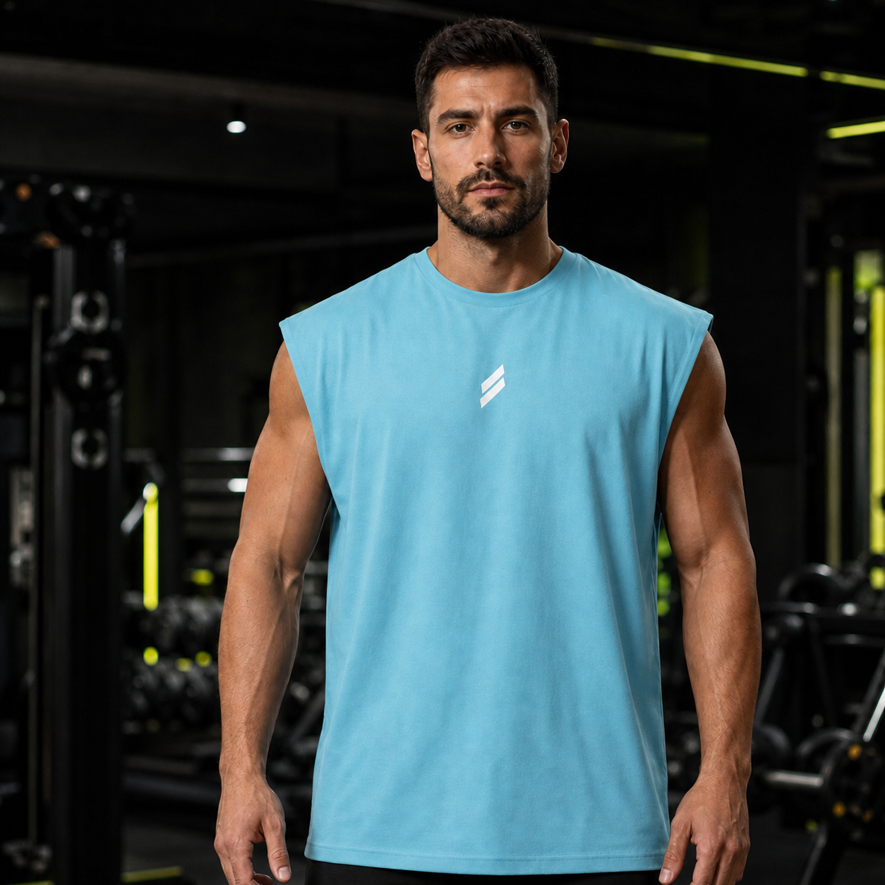 Camiseta deportiva sin mangas para hombre en azul cielo, vista frontal