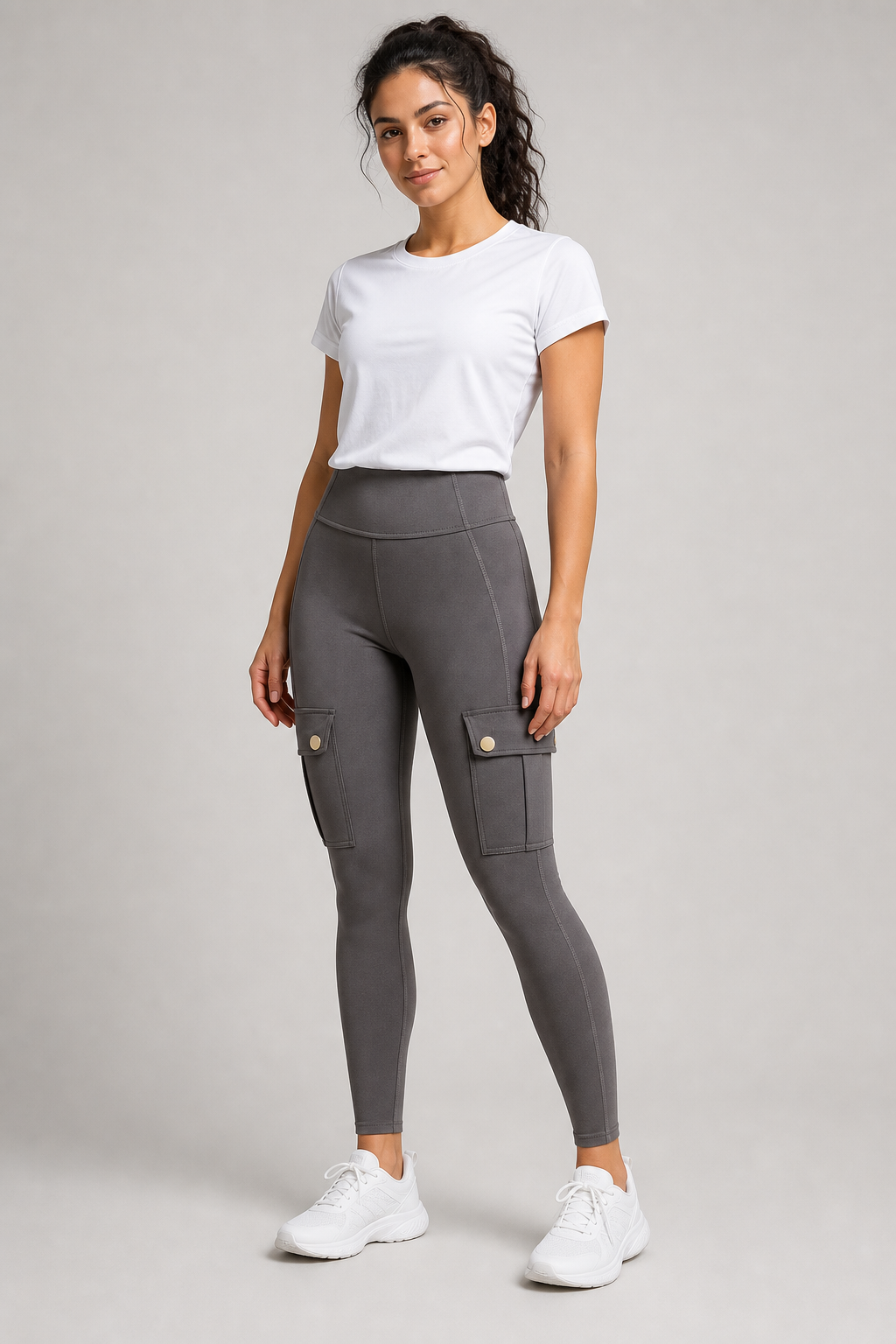 Leggings cargo grises de cintura alta sobre modelo.