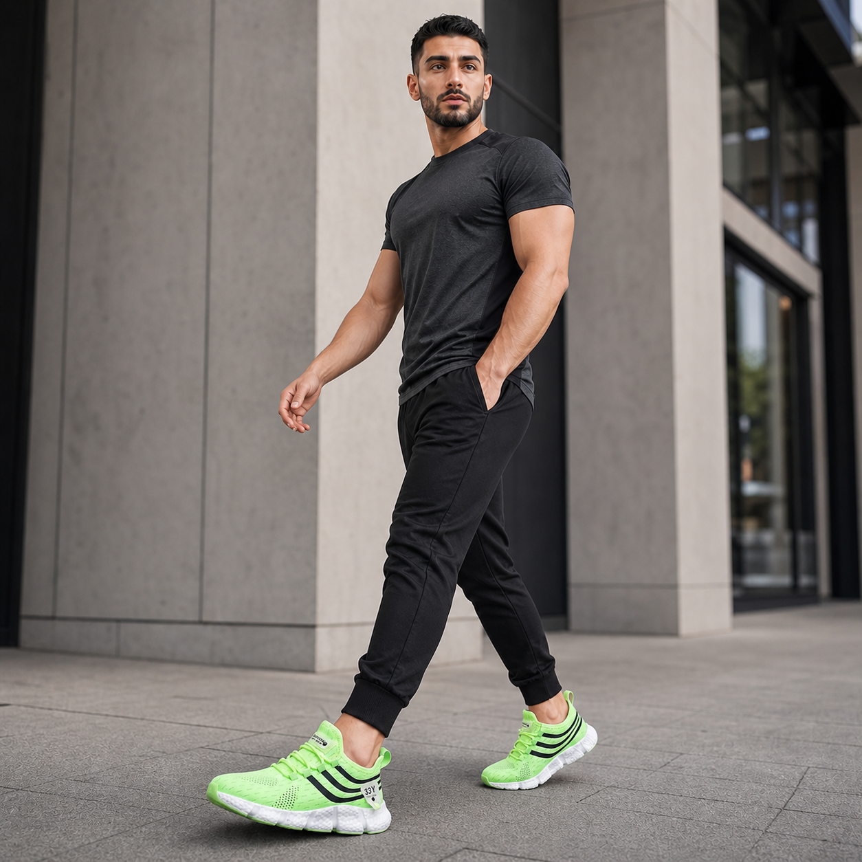 Modelo caminando con zapatillas deportivas verdes para hombre