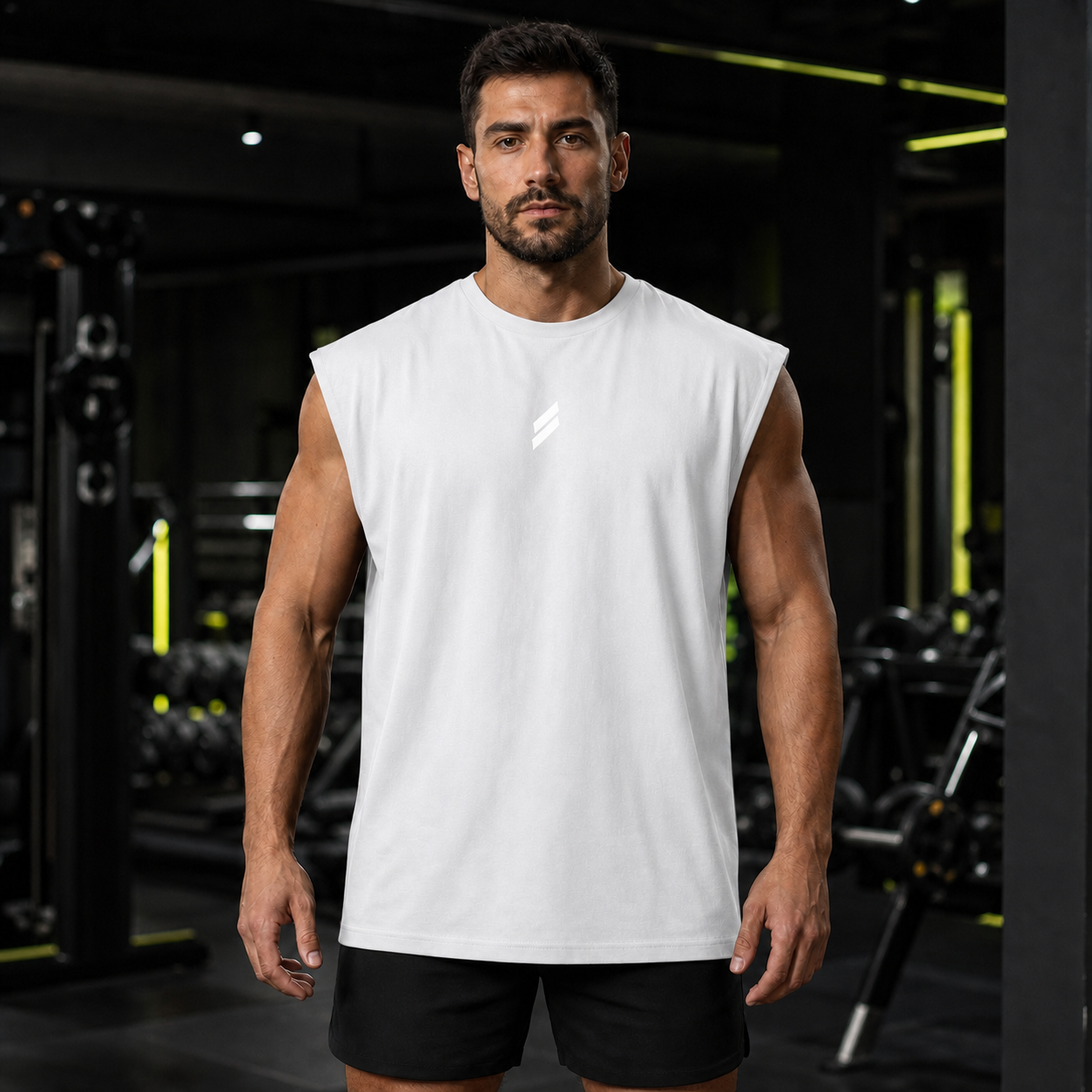 Camiseta deportiva sin mangas para hombre en blanco, vista frontal