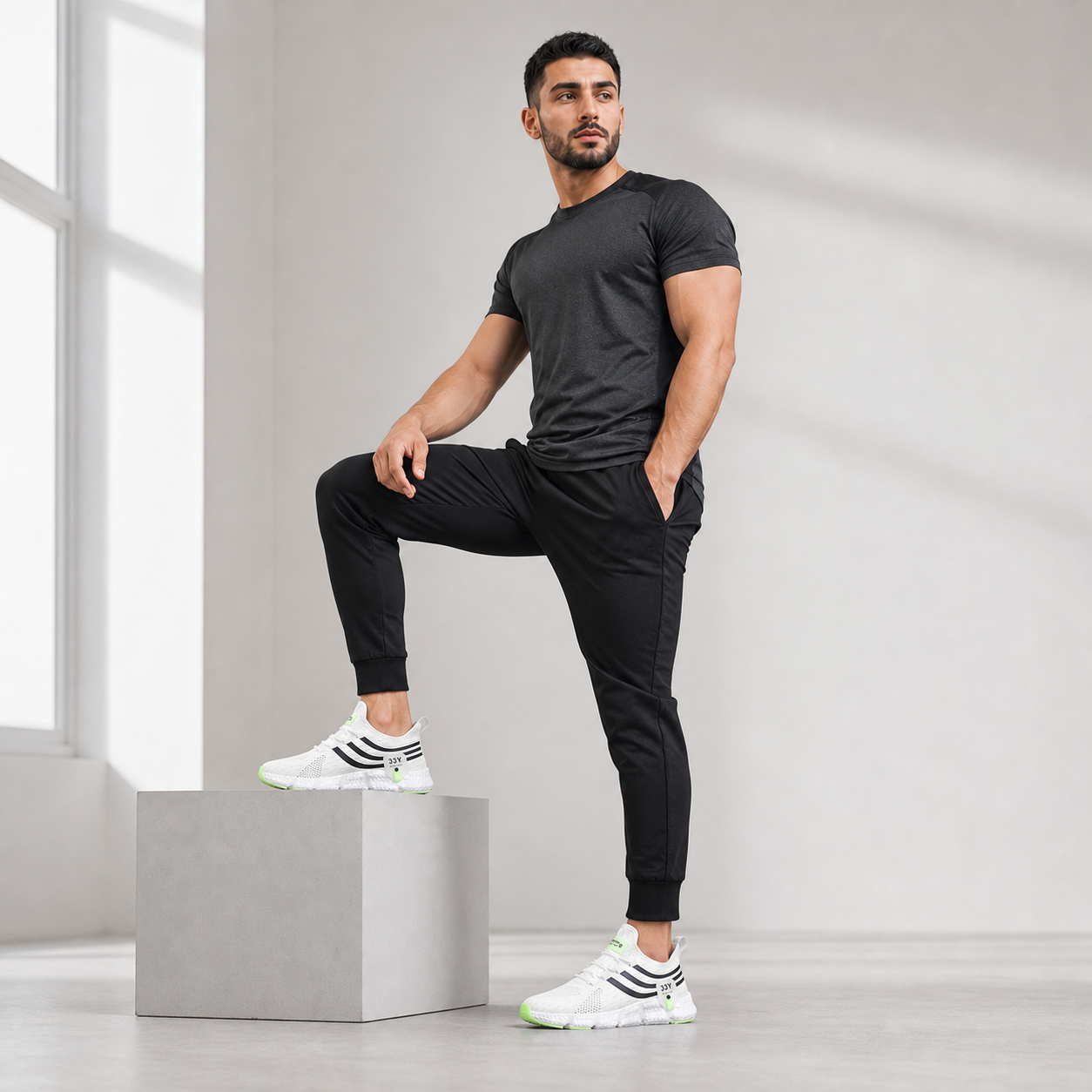 Modelo con zapatillas deportivas blancas de malla y franjas negras