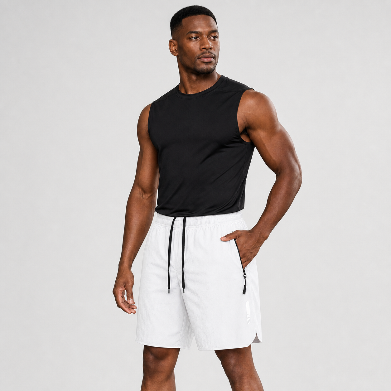 Modelo con pantalón corto deportivo blanco y cordón negro