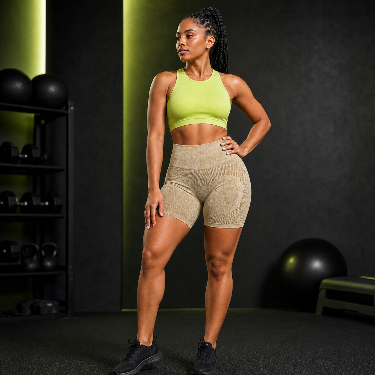 Modelo con pantalón corto deportivo caqui de cintura alta