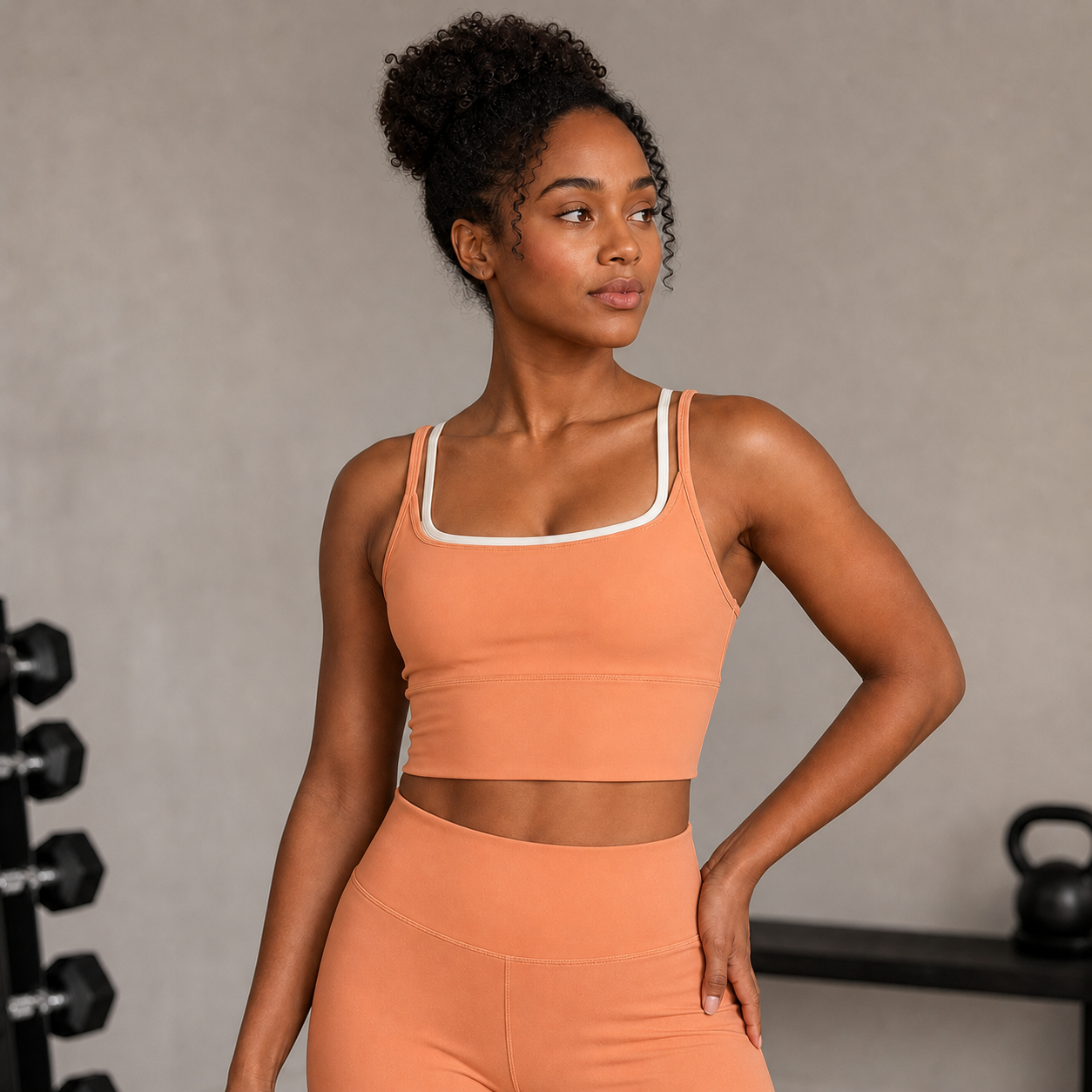 Modelo con sujetador deportivo naranja largo para mujer