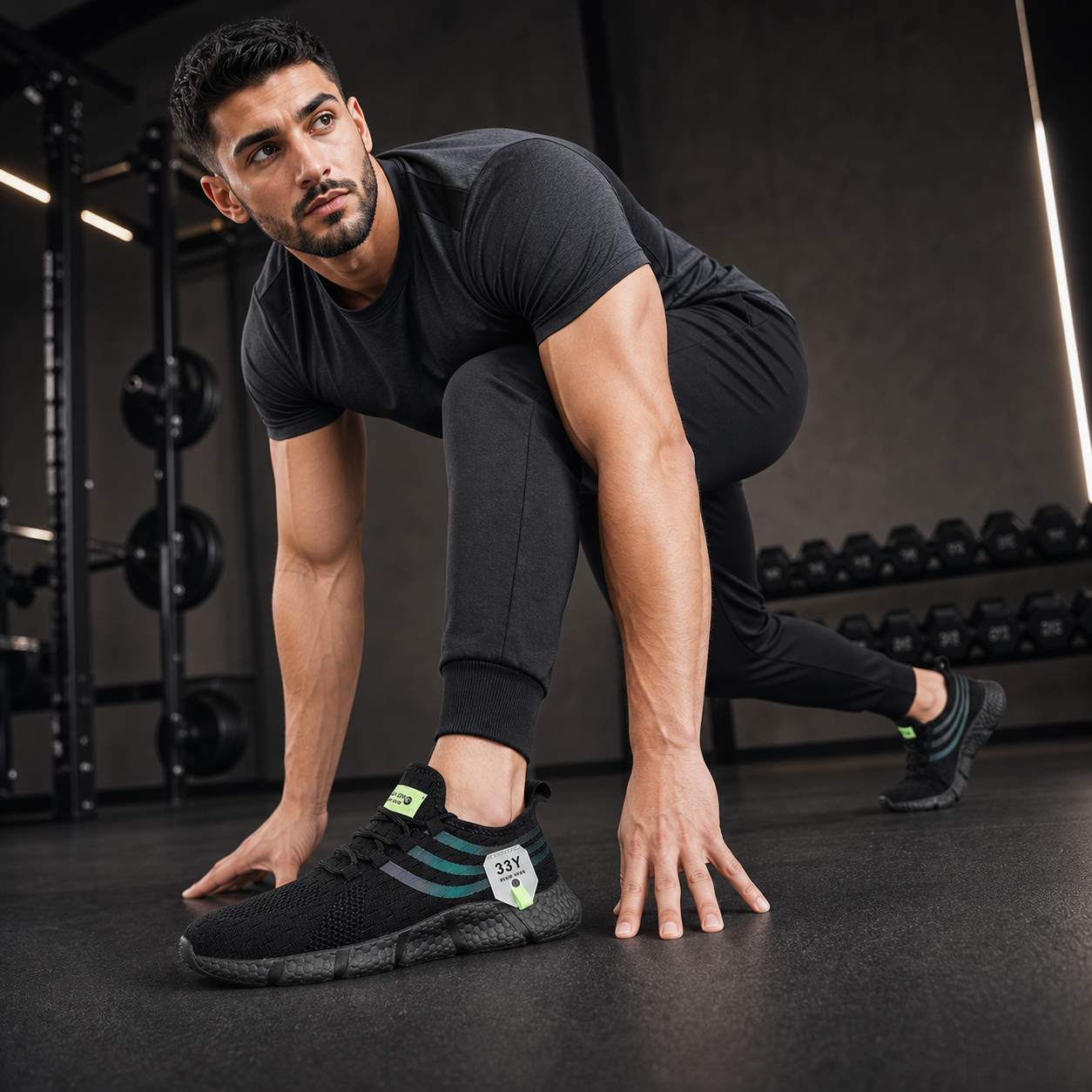 Modelo en posición de salida con zapatillas deportivas negras