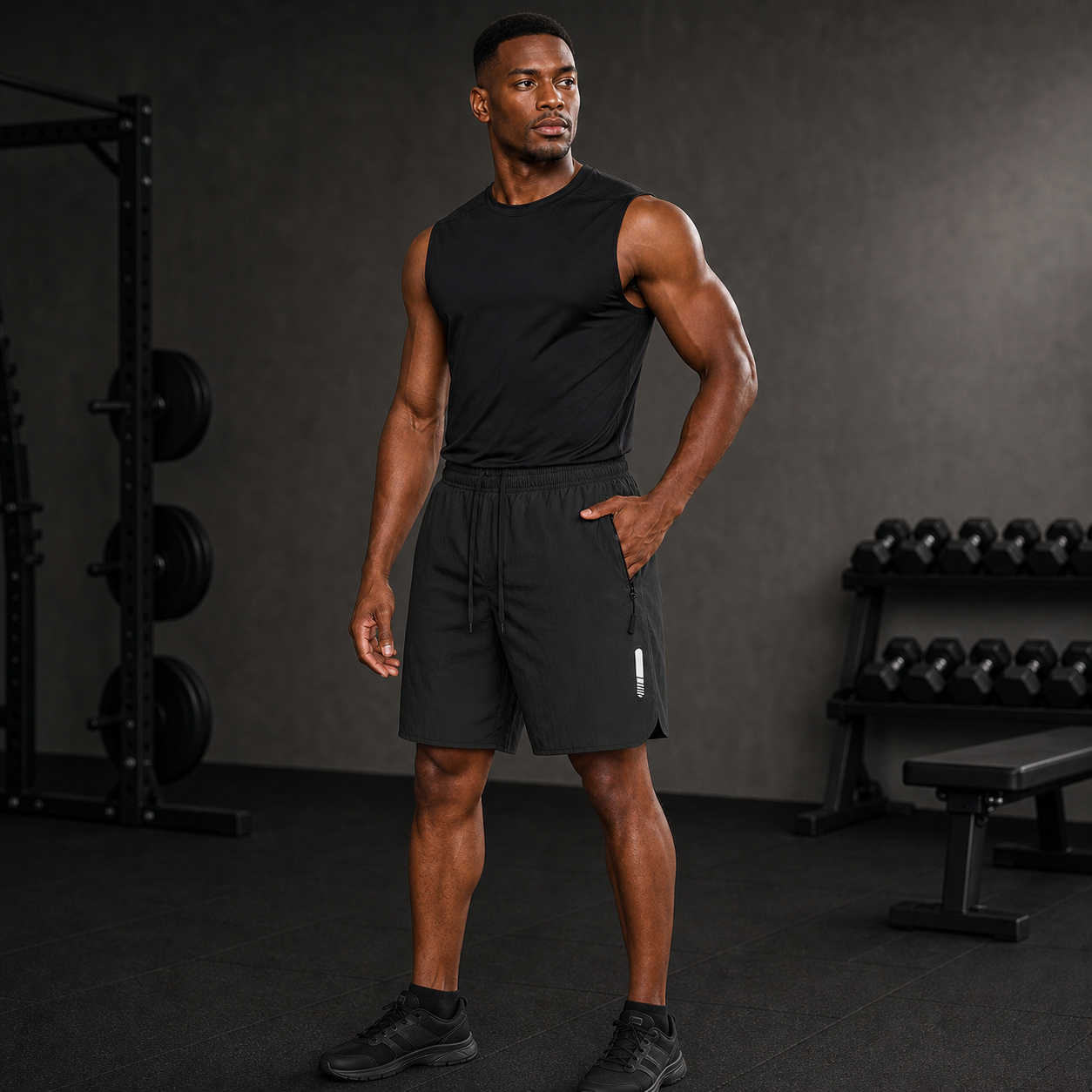 Modelo con pantalón corto deportivo negro para gimnasio