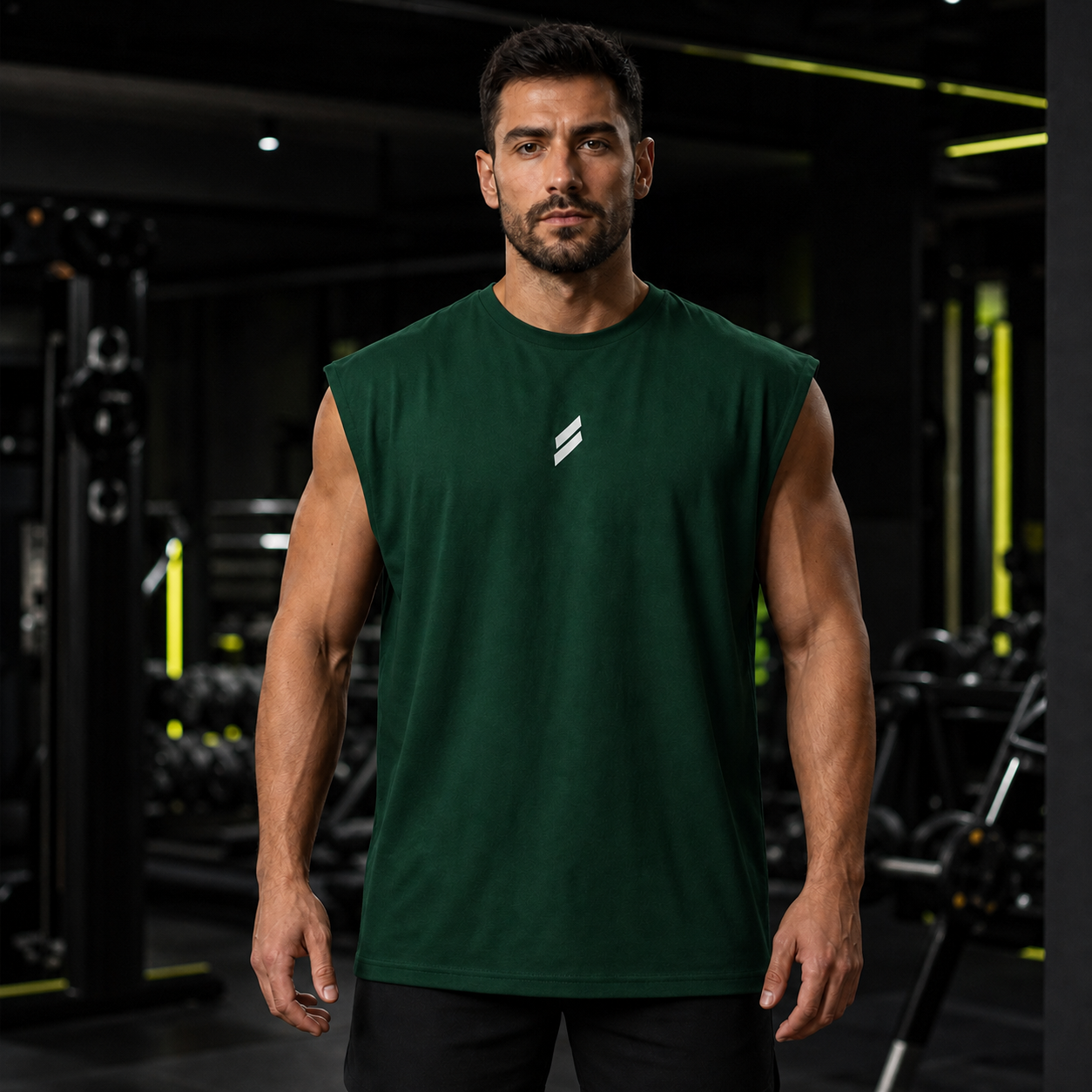 Camiseta deportiva sin mangas para hombre en verde oscuro, vista frontal