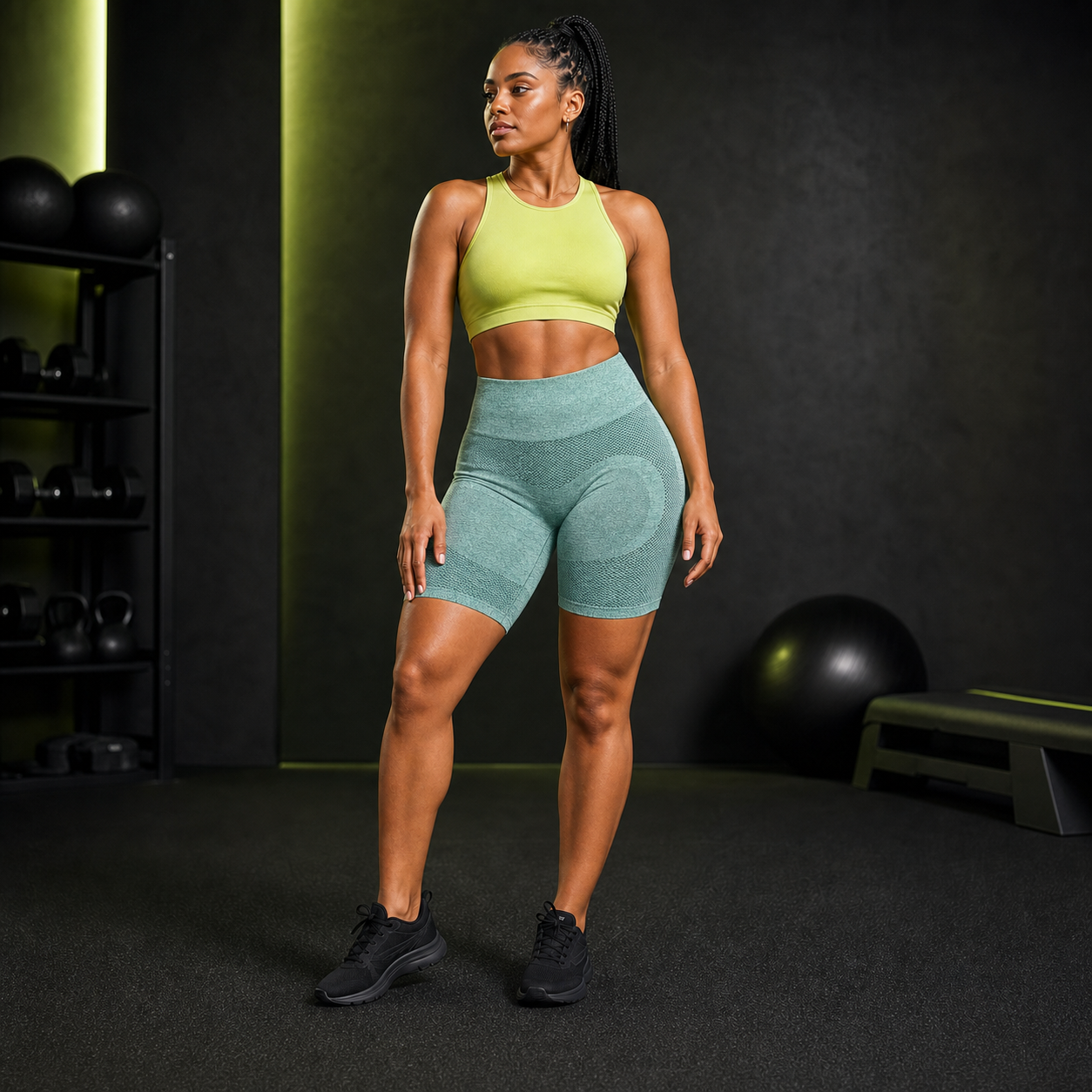 Modelo con pantalón corto deportivo verde de cintura alta