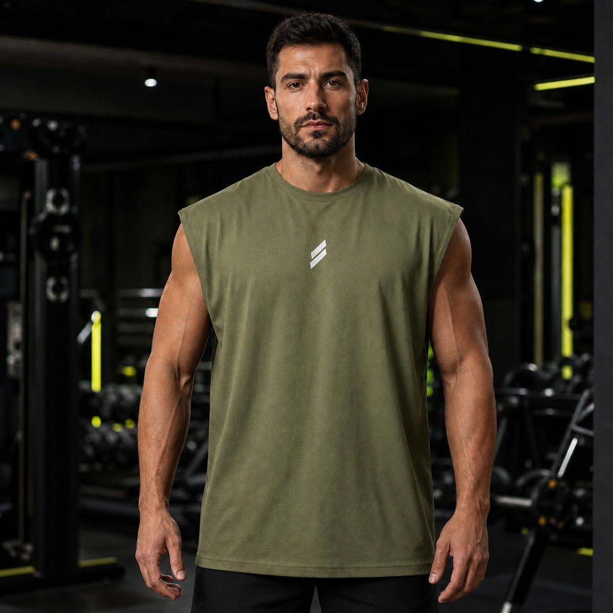 Camiseta deportiva sin mangas para hombre en verde militar, vista frontal