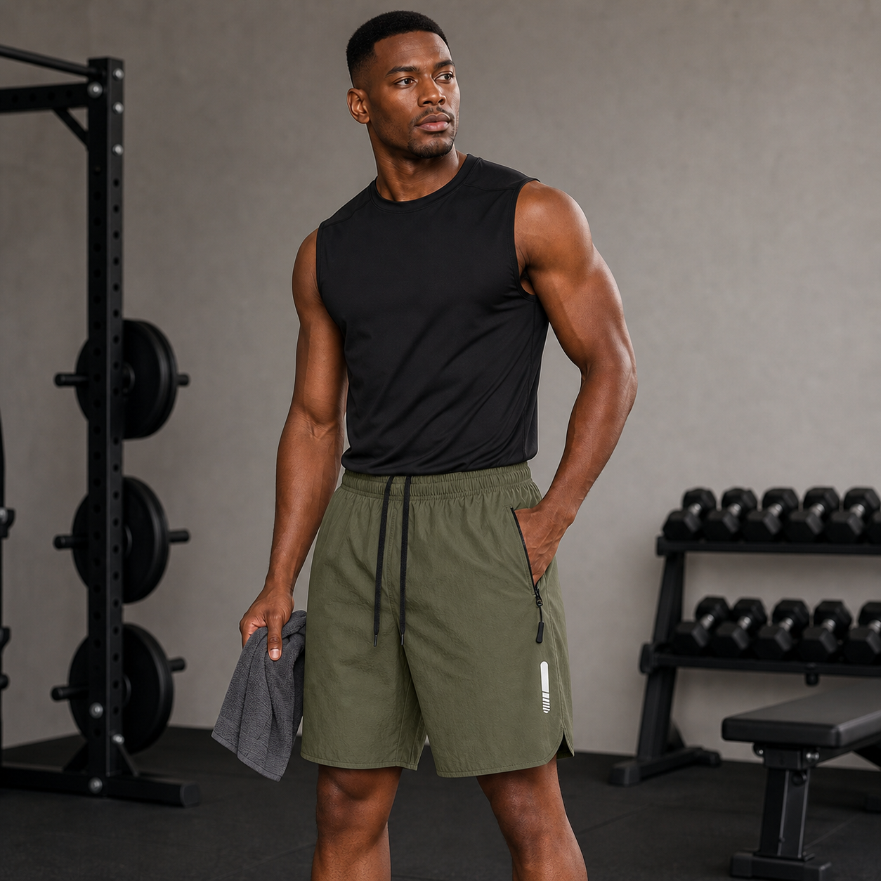 Modelo con pantalón corto deportivo verde para hombre
