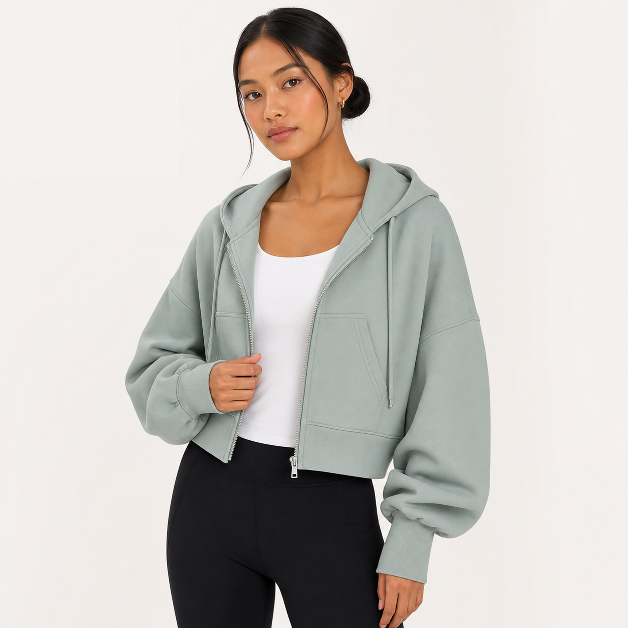 Sudadera corta cremallera mujer verde salvia [c=Verde salvia]