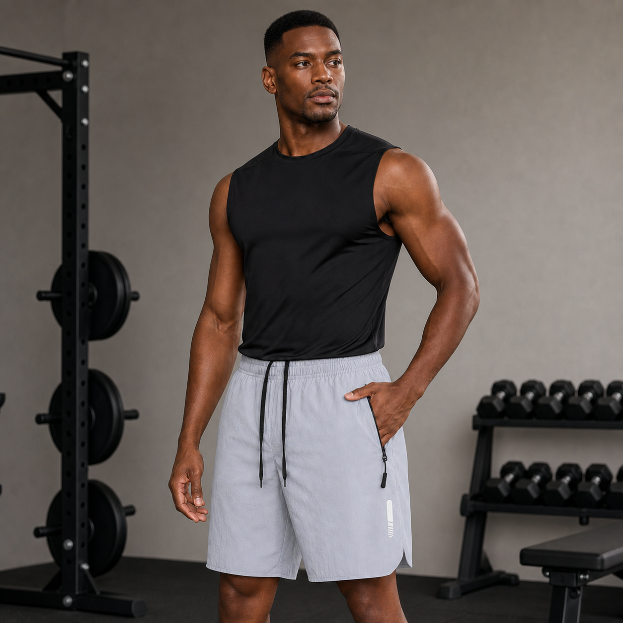 Modelo con pantalón corto deportivo gris claro