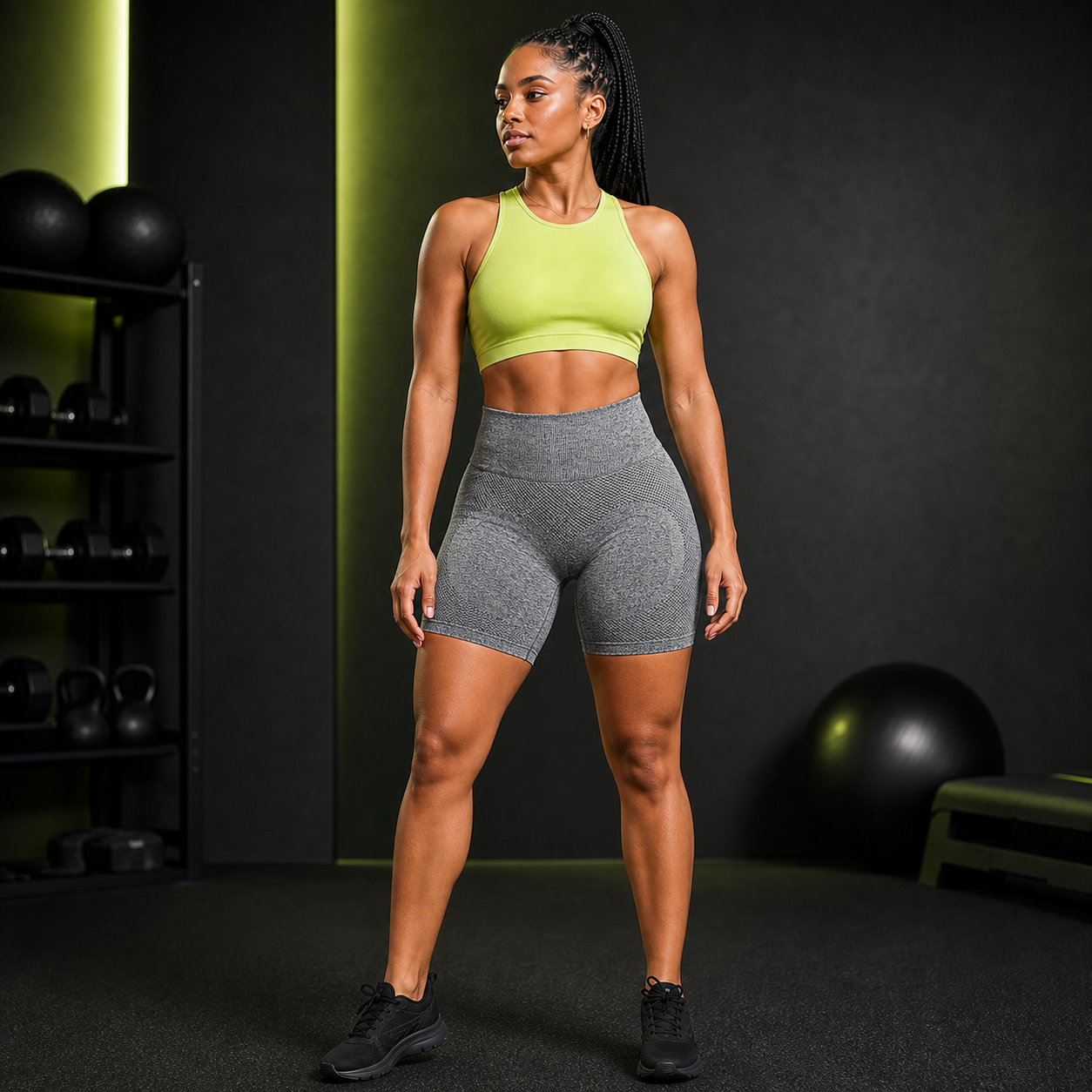 Modelo con pantalón corto deportivo gris de cintura alta