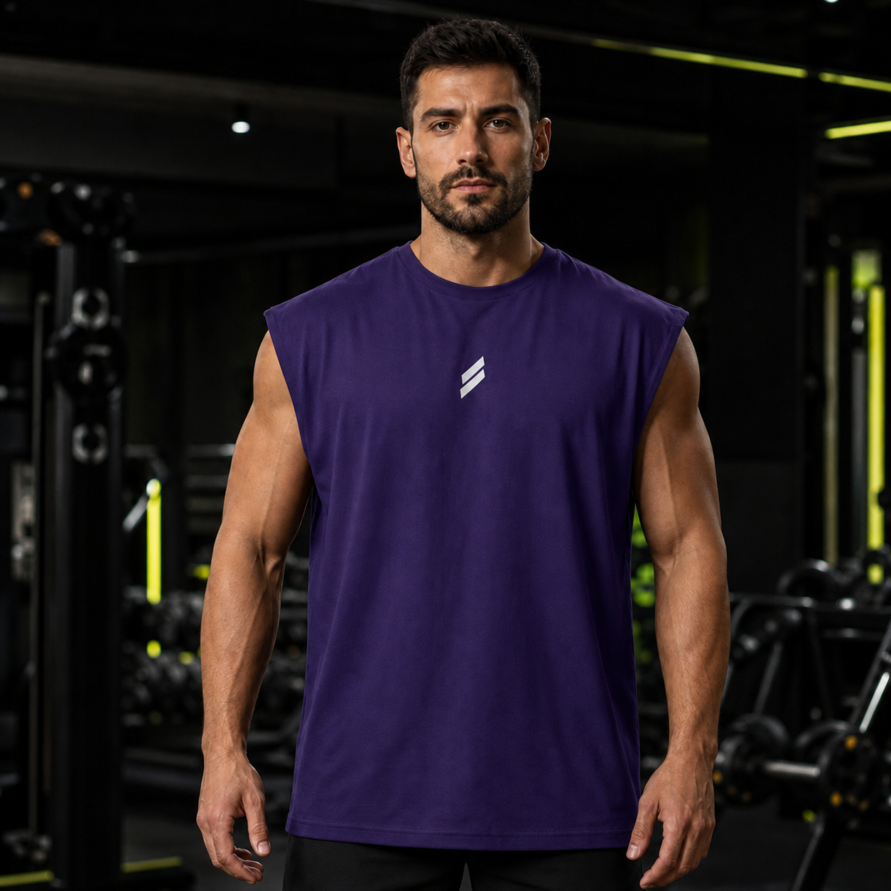 Camiseta deportiva sin mangas para hombre en morado, vista frontal