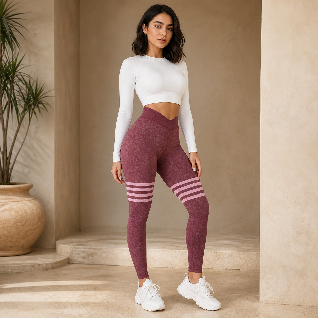 Leggings deportivos de bandas con efecto push-up - Burdeos