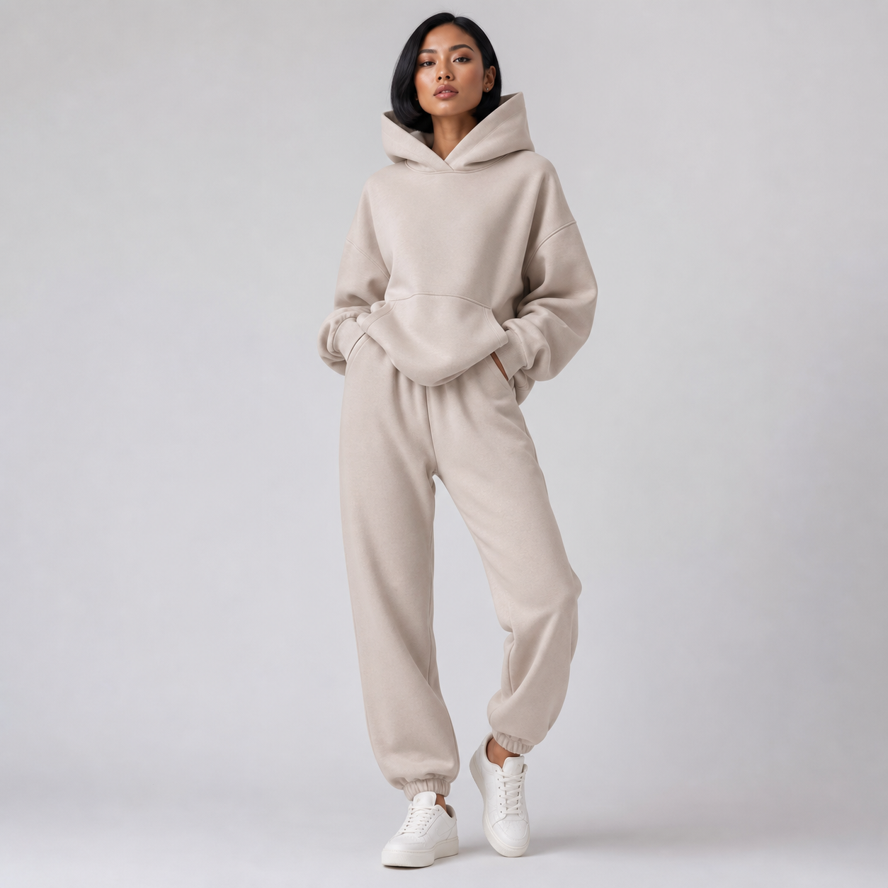 Conjunto oversize mujer crema — sudadera con capucha y pantalon [c=Crema]