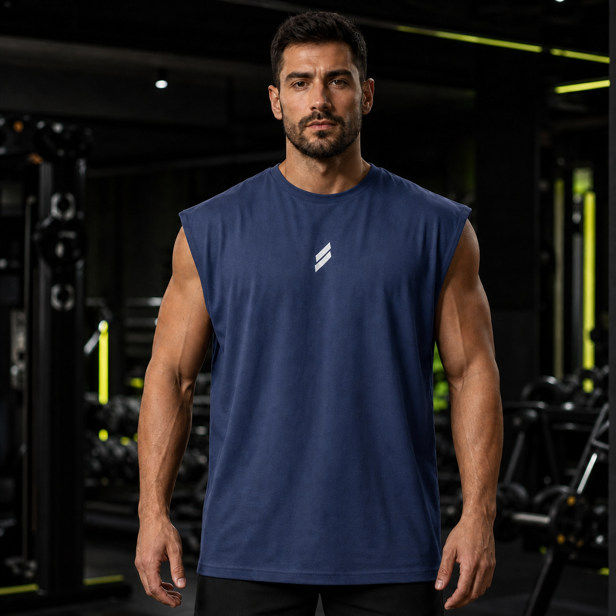 Camiseta deportiva sin mangas para hombre en azul marino, vista frontal