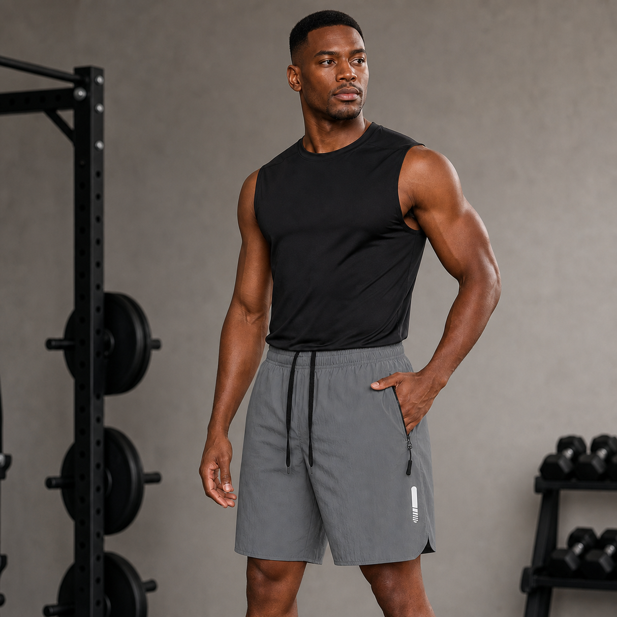 Modelo con pantalón corto deportivo gris oscuro