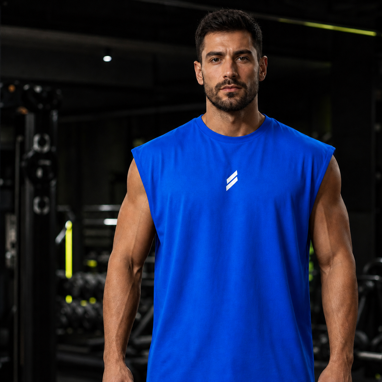 Camiseta deportiva sin mangas para hombre en azul, vista frontal
