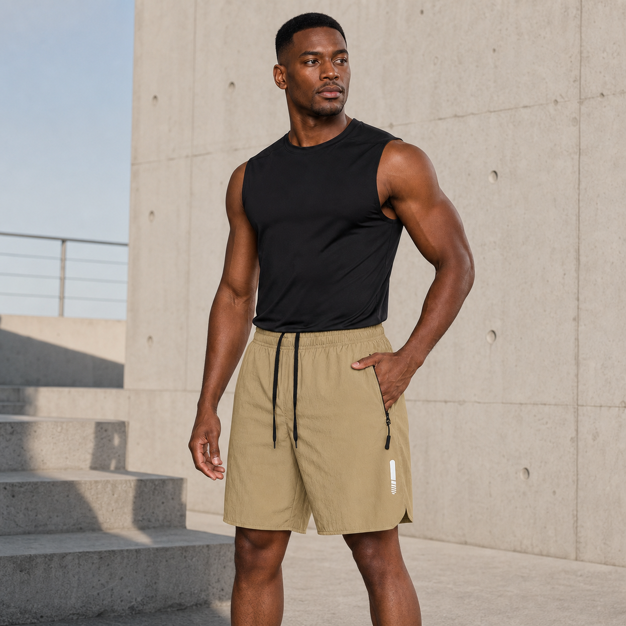 Modelo con pantalón corto deportivo caqui para hombre