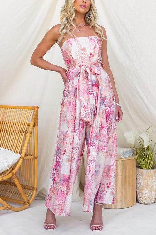 Vestido sin tirantes con estampado floral, lazo en la cintura y abertura en la pierna, corte de pierna ancha