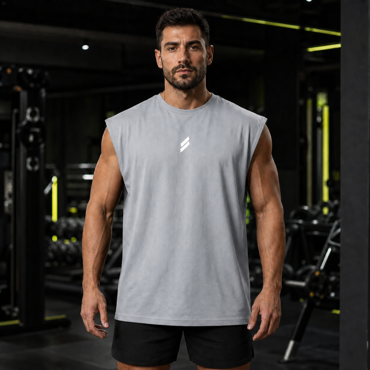 Camiseta deportiva sin mangas para hombre en gris claro, vista frontal