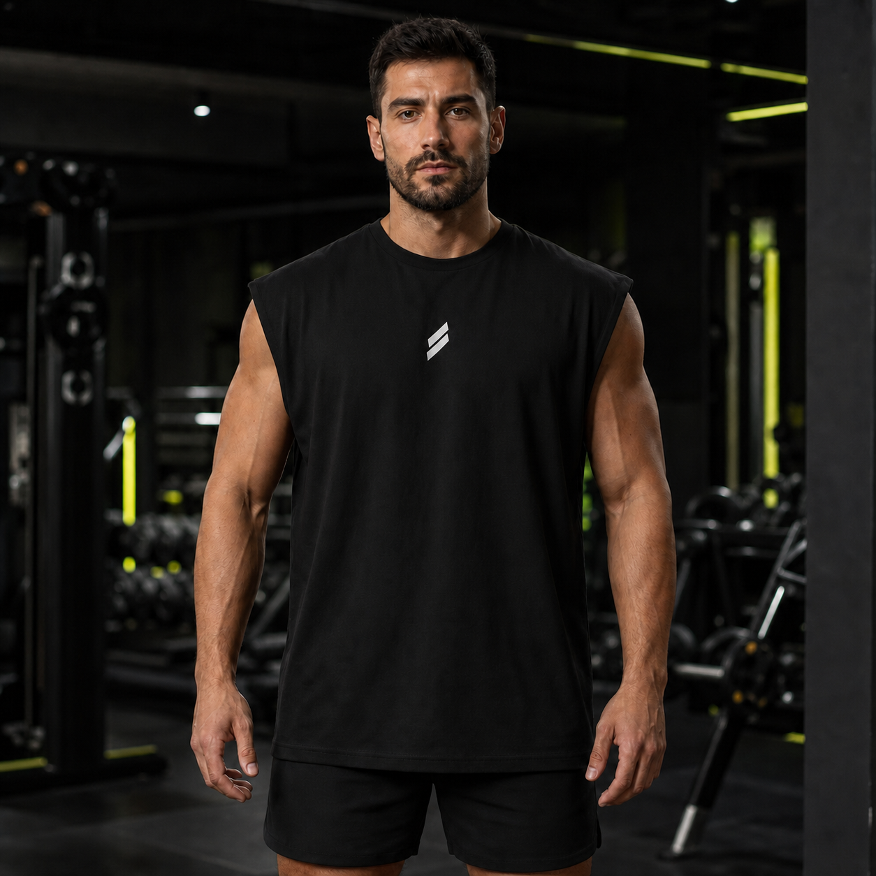 Camiseta deportiva sin mangas para hombre en negro (2), vista frontal
