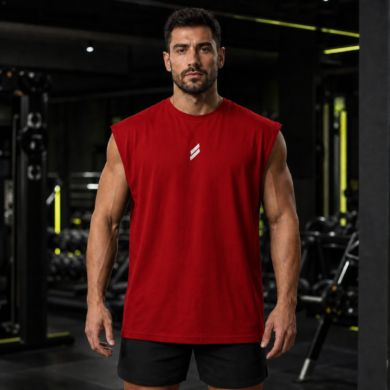 Camiseta deportiva sin mangas para hombre en rojo, vista frontal