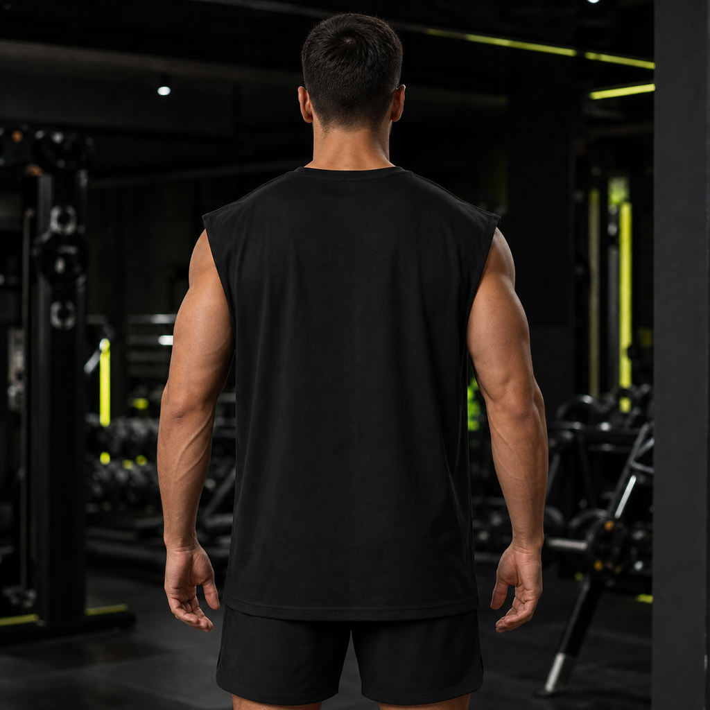 Camiseta deportiva sin mangas para hombre en negro, vista trasera