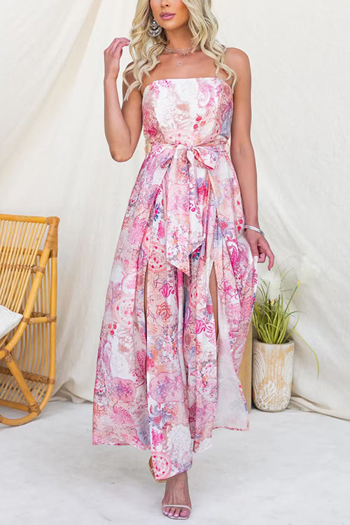 Vestido sin tirantes con estampado floral, lazo en la cintura y abertura en la pierna, corte de pierna ancha