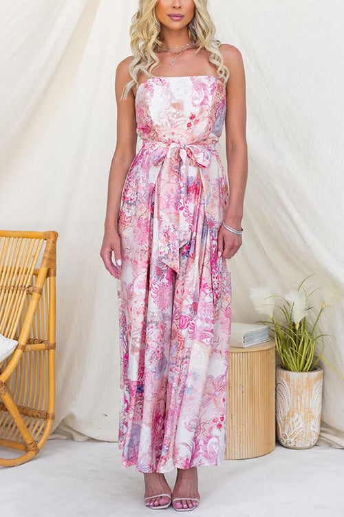 Vestido sin tirantes con estampado floral, lazo en la cintura y abertura en la pierna, corte de pierna ancha
