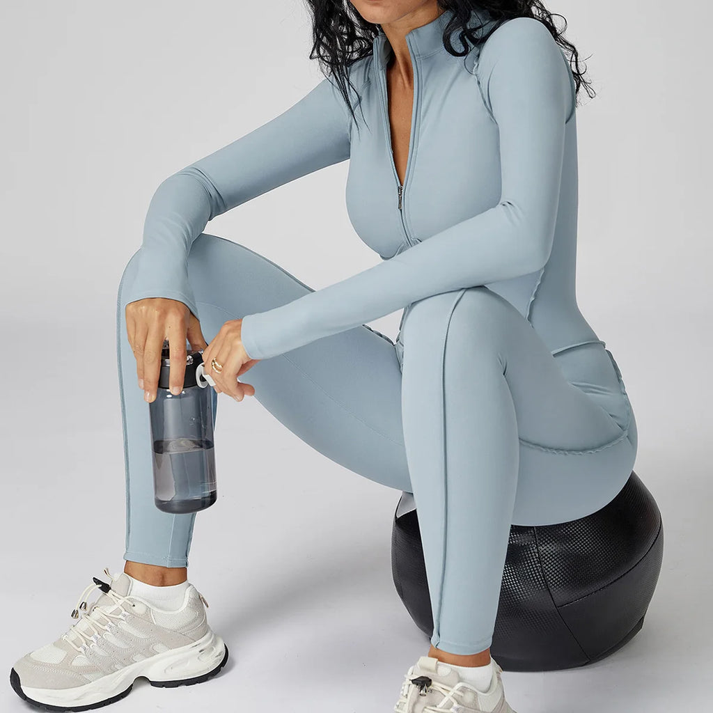 Mono deportivo con cremallera para mujer, manga larga, fitness y running