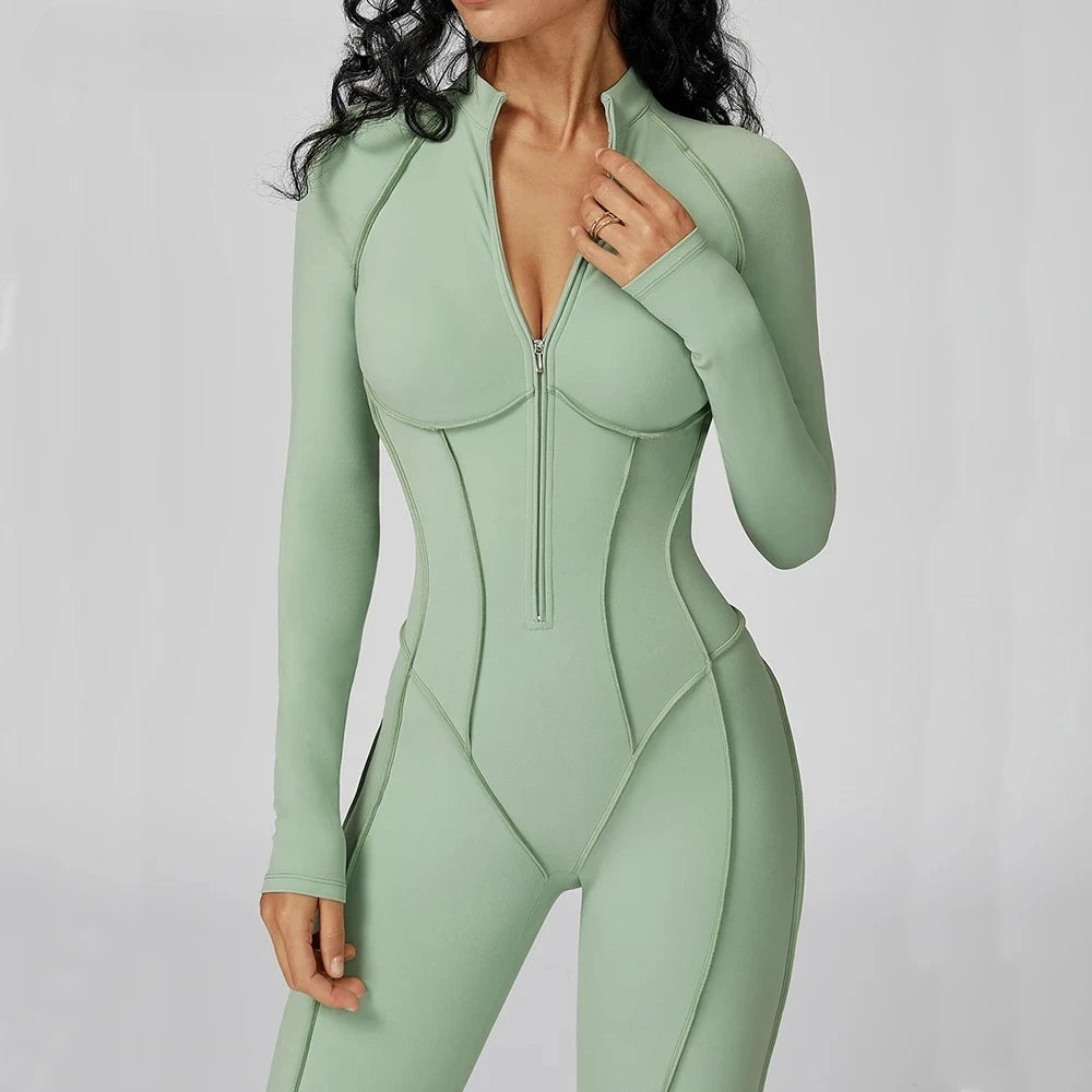 Mono deportivo con cremallera para mujer, manga larga, fitness y running