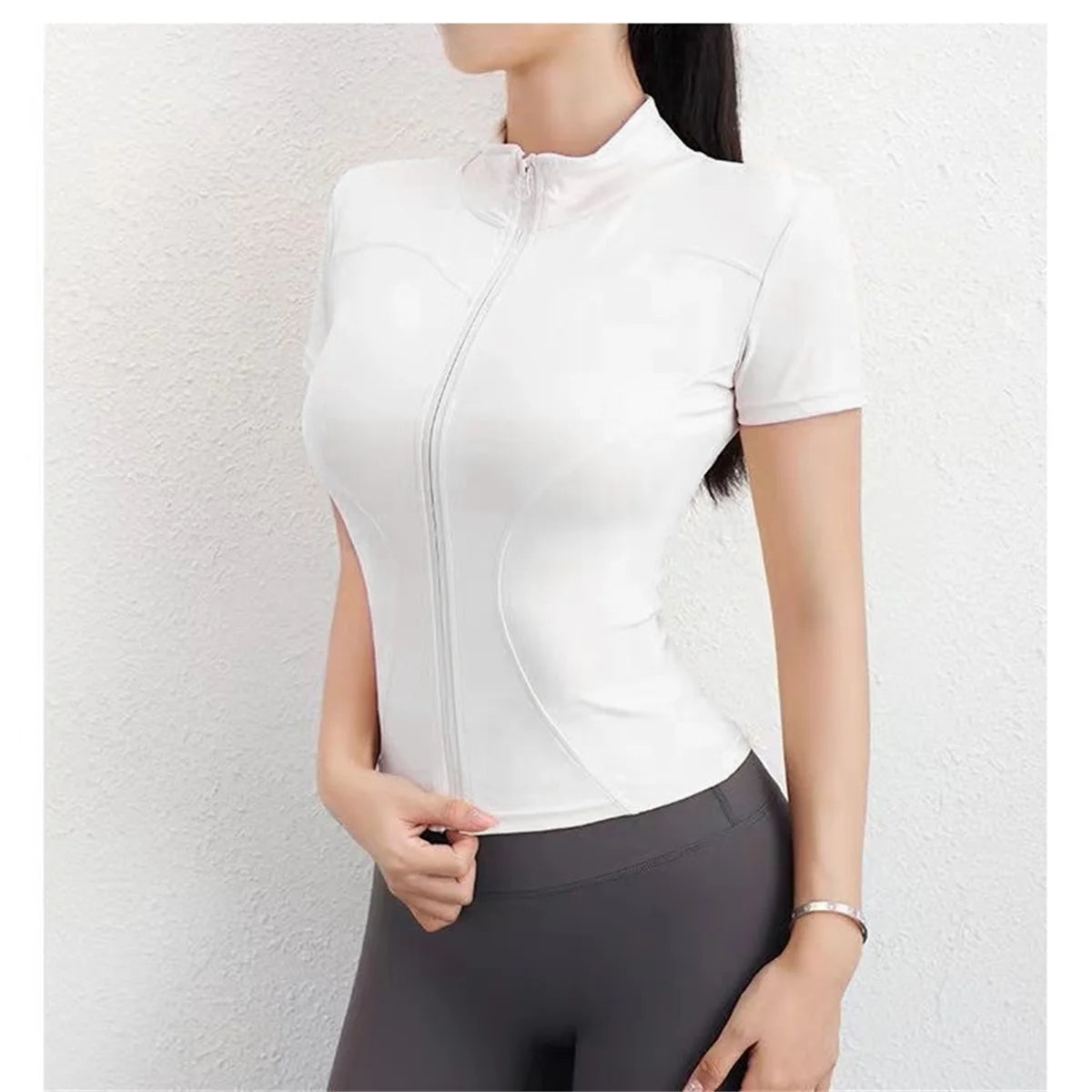 Chaqueta deportiva slim de manga corta para mujer, cremallera, running y yoga