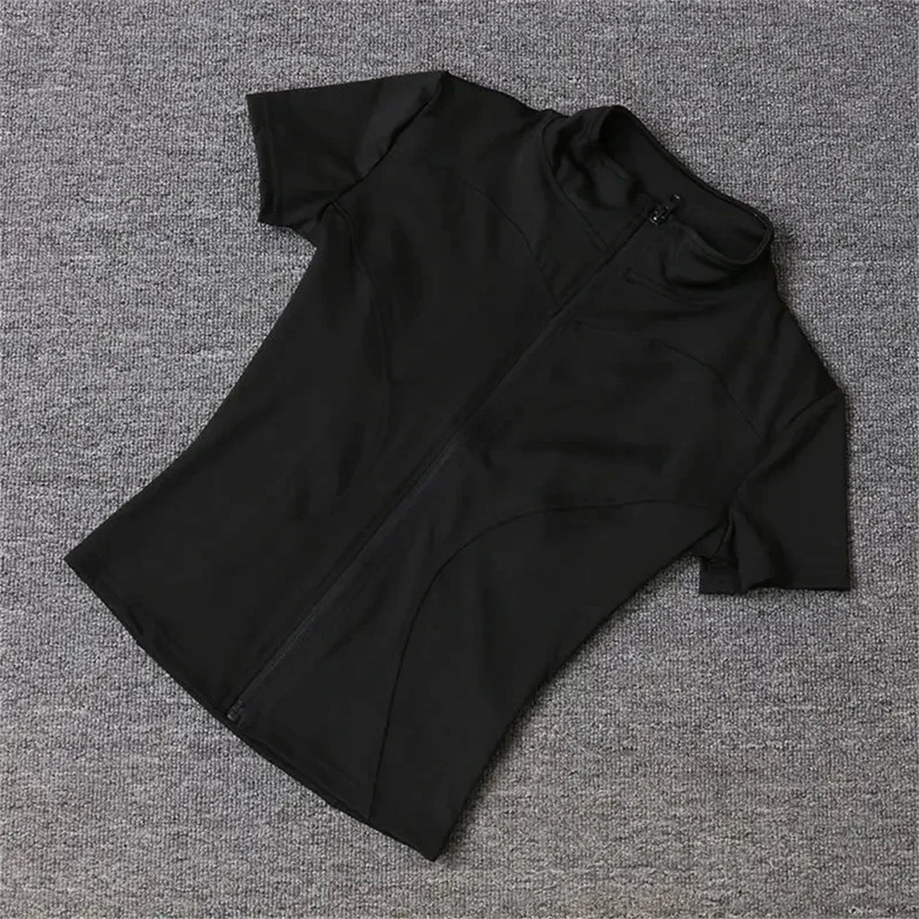Chaqueta deportiva slim de manga corta para mujer, cremallera, running y yoga