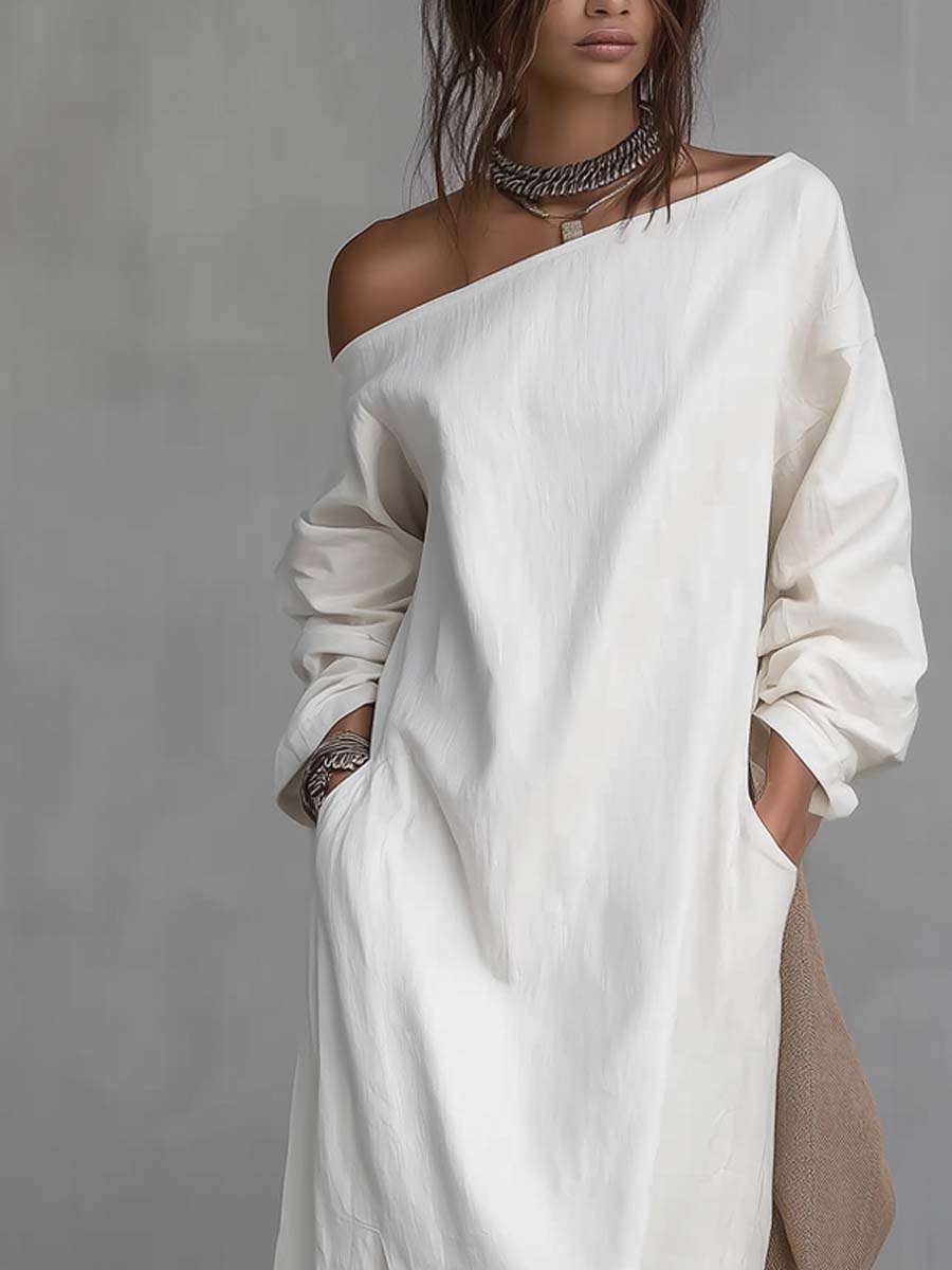 Vestido midi holgado de un solo hombro con abertura elegante