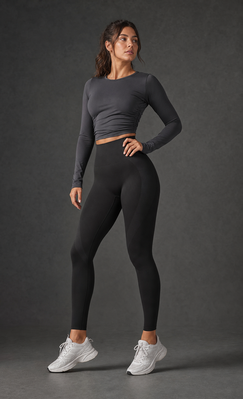 Vista frontal de mujer con legging seamless negro de tiro alto